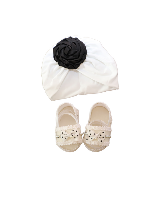 White with Black Turban hat with matching sandals