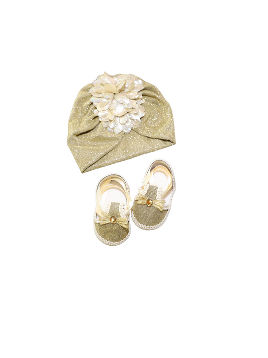 Gold Turban hat with matching sandals