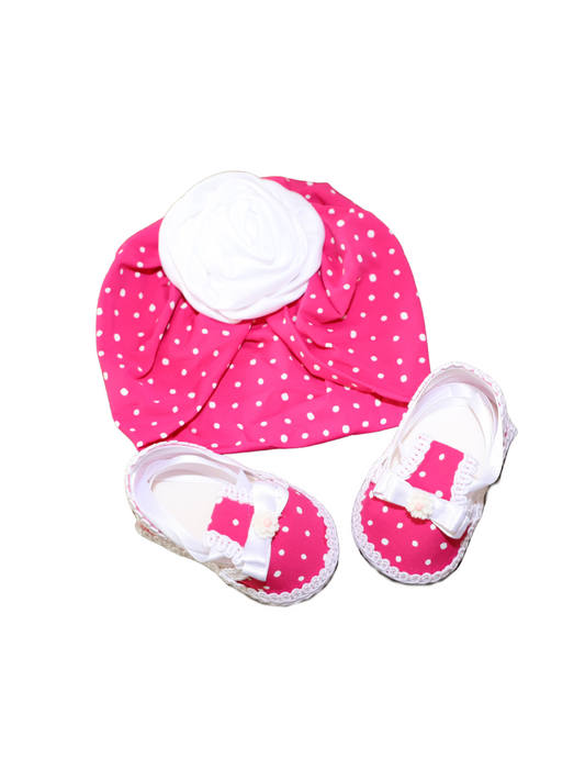 Hot Pink with white polka dots Infant turban hat with matching Sandals