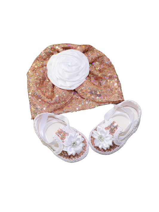 Rose Gold Infant turban hat with matching Sandals